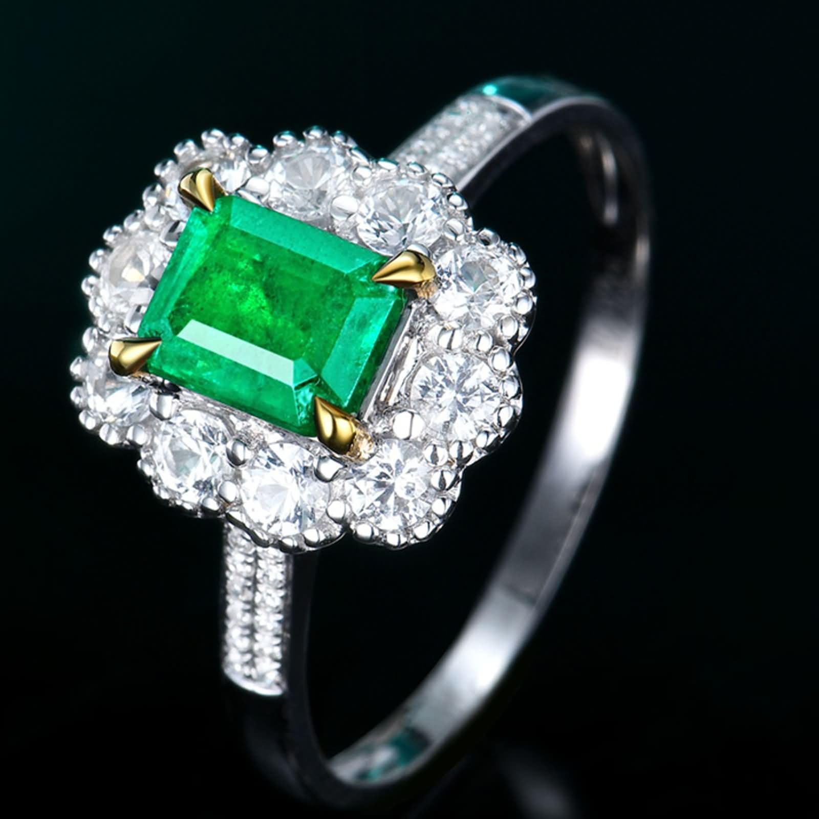 Anillos Mujer de Oro Blanco 9 Kilates / 14 Kilates / 18 Kilates Eternidad, Flor y 4 Garras Rectángulo con Esmeralda de 0,93ct y Diamante, Anillo de Matrimonio Plata Verde Mujer