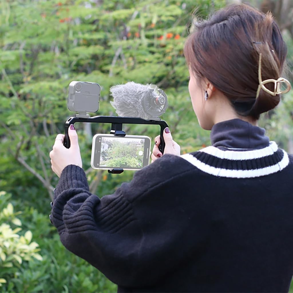 BGNing Universal Smartphone Cage Video Rig with Dual Handles Cold Shoe Mount Adapter Compatible with LED Light,Microphone (Black)