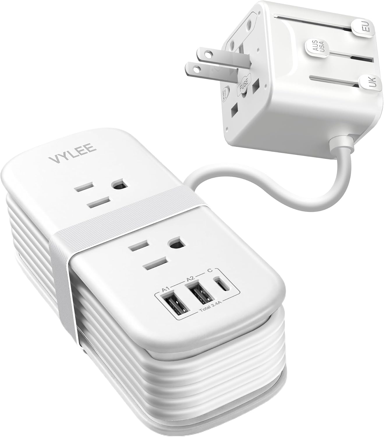 Universal Travel Adapter with Power Strip, VYLEE International Power Adapter with 2 USA sockets,3 USB Ports, 6ft Extension Cord, Worldwide Plug Adapter for Europe UK US AU (Type A I G C)