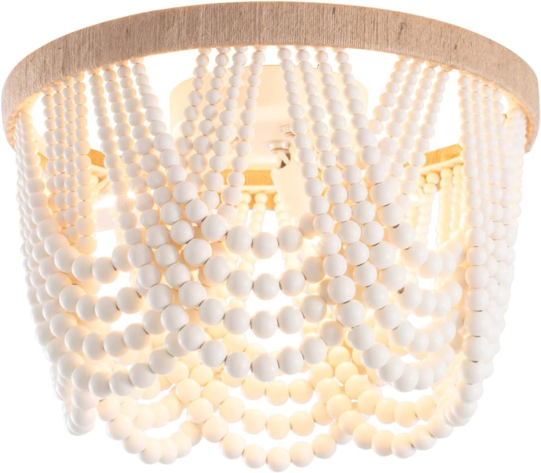 VILUXY Bohemia Wood Beaded Flush Mount Ceiling Light Antique Rustic Mini Chandelier White Finishing for Bedroom,Nursery Room, Girl Room, Hallway, Entryway, Passway, Dining Room, 3-Light UL Listed