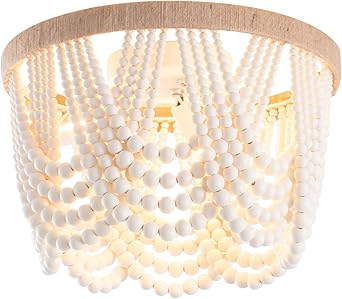 VILUXY Bohemia Wood Beaded Flush Mount Ceiling Light Antique Rustic Mini Chandelier White Finishing for Bedroom,Nursery Room, Girl Room, Hallway, Entryway, Passway, Dining Room, 3-Light UL Listed
