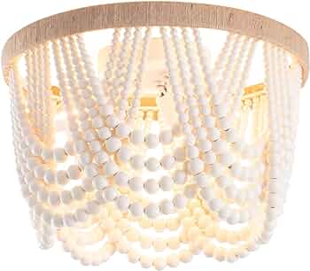 VILUXY Bohemia Wood Beaded Flush Mount Ceiling Light Antique Rustic Mini Chandelier White Finishing for Bedroom,Nursery Room, Girl Room, Hallway, Entryway, Passway, Dining Room, 3-Light