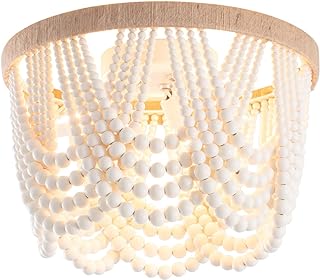 VILUXY Bohemia Wood Beaded Flush Mount Ceiling Light Antique Rustic Mini Chandelier White Finishing for Bedroom,Nursery Room, Girl Room, Hallway, Entryway, Passway, Dining Room, 3-Light