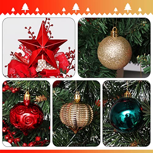 Christmas Ornaments Set, 52 Pack Red Green Gold Christmas Tree Ornaments Set With Shatterproof Hanging Decorative Baubles And Star Tree Topper Christmas Decoration For Tree Home Office Party Holiday #TOP3