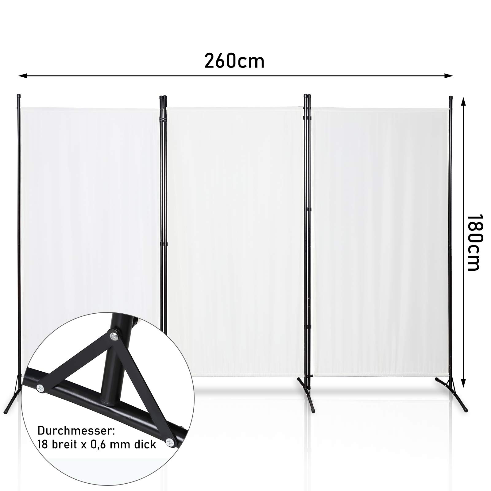 Biombo de 3 piezas, 260 x 180 cm, biombo, separador de ambientes, de pie, plegable, para interiores, protección visual, independiente, de acero y poliéster (beige)