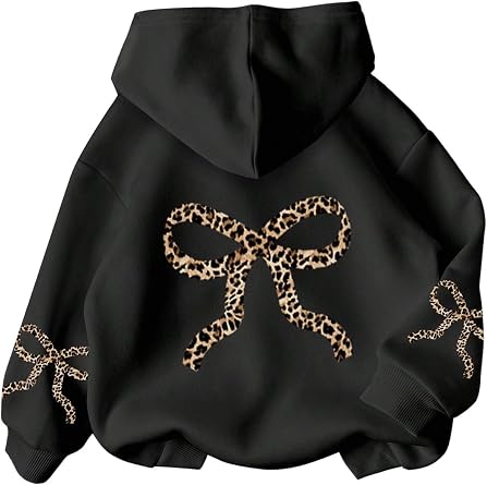 QJQ Girls Bow Letter Graphic Hoodie Lightweight Long Sleeve Hooded Sweatshirt Drop Shoulder Pullover Top Ages 8-12
