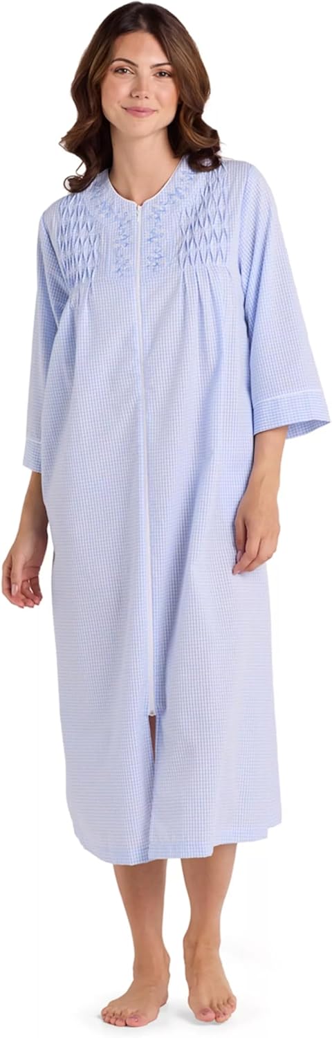 Miss Elaine Women's Long Seersucker Robe, Front Zipper, 3/4 Sleeves, Two Insert Pockets, Sleepwear and Loungewear