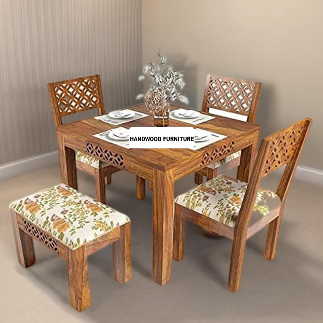 Sheesham Wood Dining Table(34x34) with 3 Chairs & 1 Bench | 4 Seater Dining Set | 1 Year Warranty | Honey Finish with Cushions -DIY(Do-It-Yourself)
