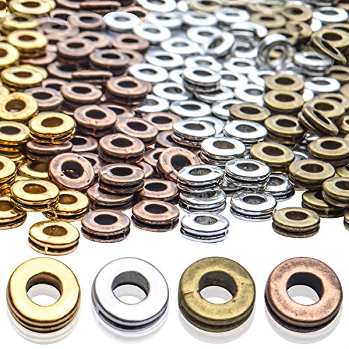 Rondelle Spacer Beads, 200pcs 6mm Flat Round Spacer Beads Metal Rondelle Spacer Beads Craft Supplies for DIY Jewelry Making, Antique Golden, Antique Silver, Antique Bronze, Copper