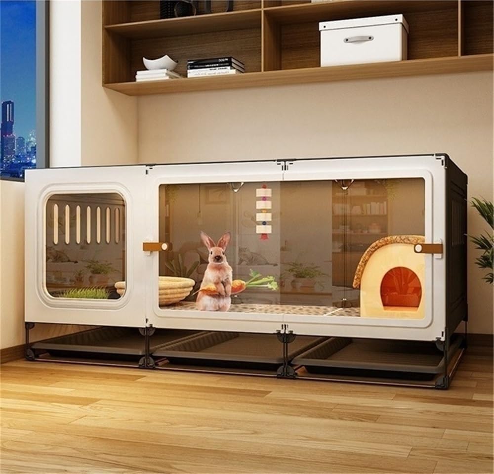 Rabbit Cage Indoor, Guinea Pig Bunny Cat Chinchilla Cage with Transparent Door, Small Pet Animal Cage with Tray Mesh Foot Mat Waterer Grass Nest(Black,Length 41.3in/105cm)
