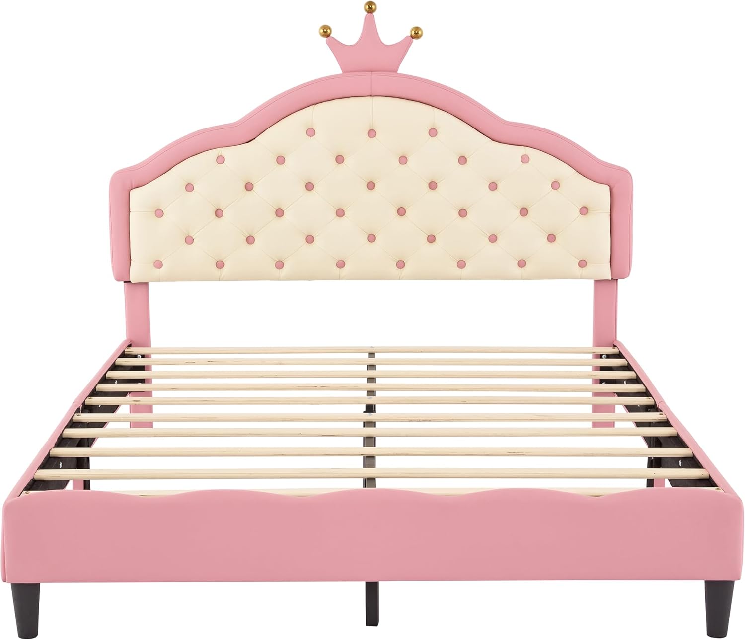 Full Bed Frame Upholstered Platform Bed Frames with Adjustable Crystal Button PU Tufted Crown Headboard, for Kids, Girls Solid Wooden Slats Support, No Box Spring Needed, Pink+Cream