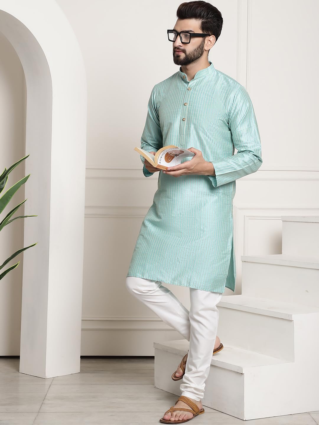 Sojanya (Since 1958 Men's Silk Blend Sea Green Pintex Kurta And White Churidar Pyjama Set