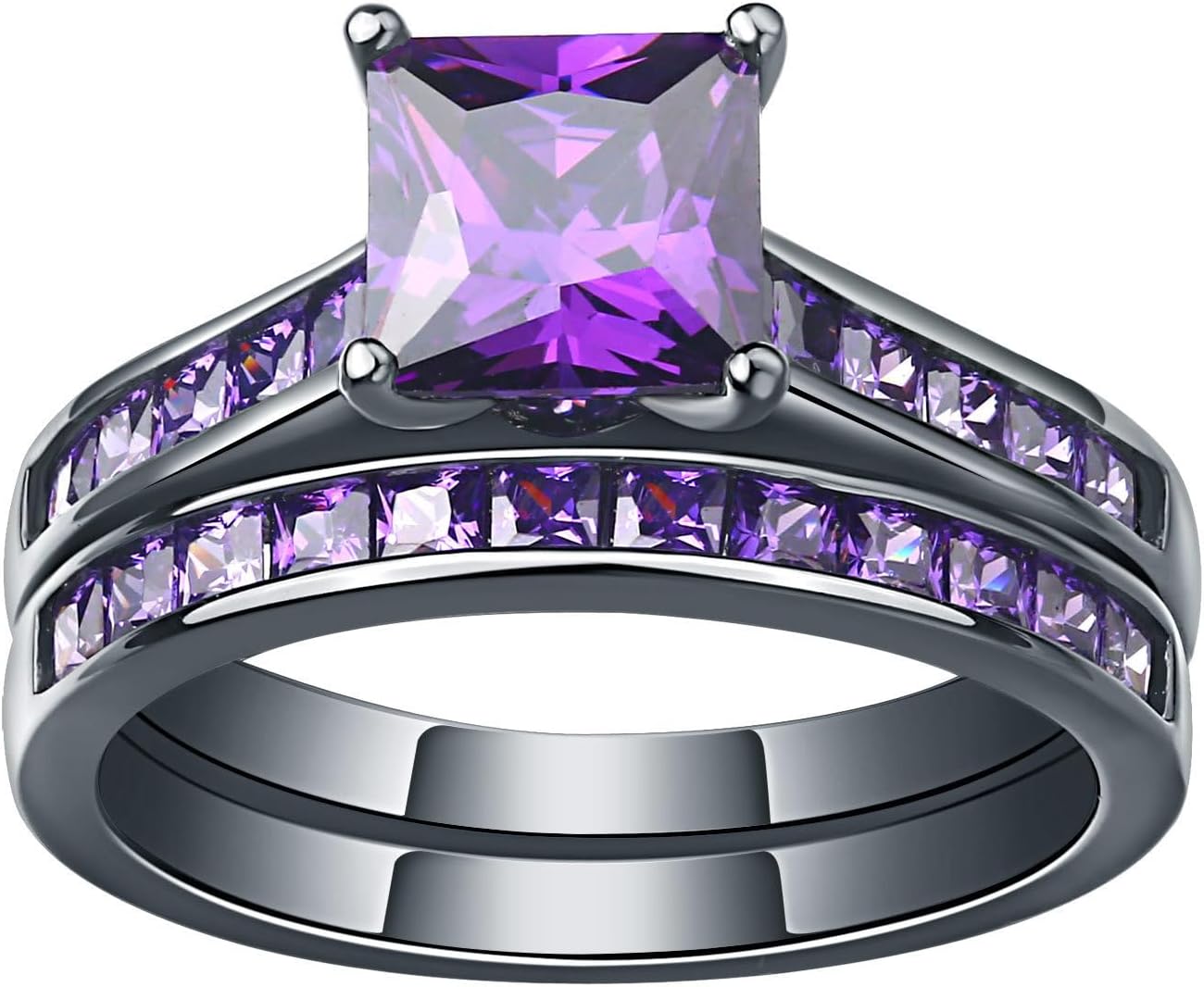 SHELOVES Women Black Gold Plated Wedding Rings Purple Amethyst Princess Cz Engagement Ring Sets 7.5