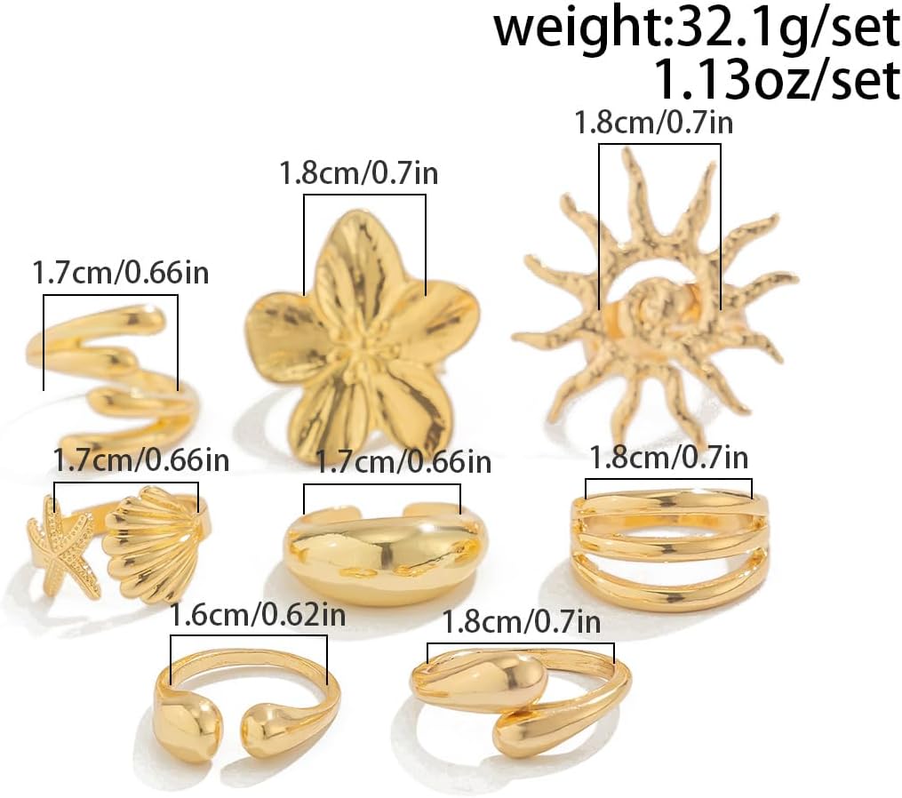 Gold Stackable Rings Set for Women Non Tarnish Chunky Rings 8PCS Knuckle Joint Finger Knuckle Nail Ring Sets Adjustable Open Ring Cute Trendy Jewelry for Gift - Image 5