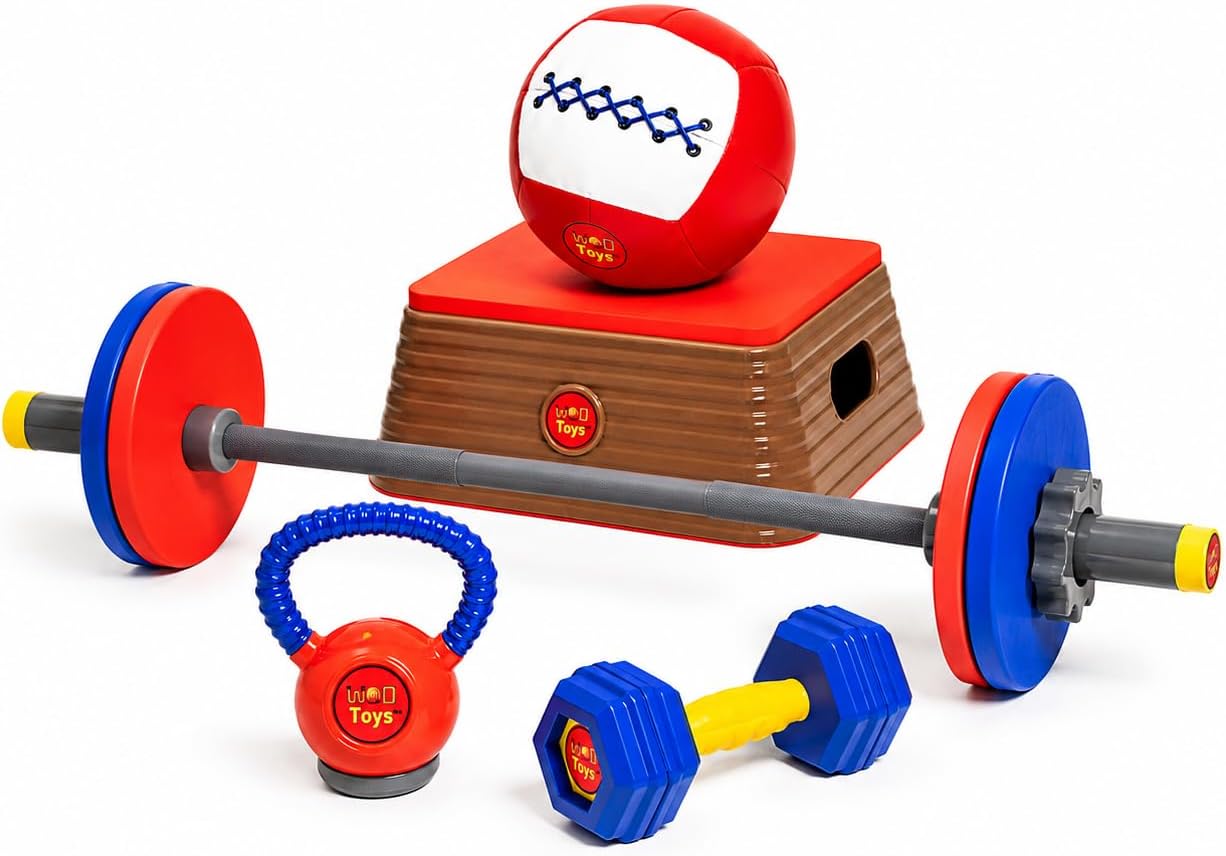 WOD Toys® Kids Workout Equipment Set – 5-Piece Kids Toy Exercise & Weight Set with Barbell, Dumbbell, Kettlebell, Medicine Ball & Plyo Box – Fitness Toys for Toddlers & Kids