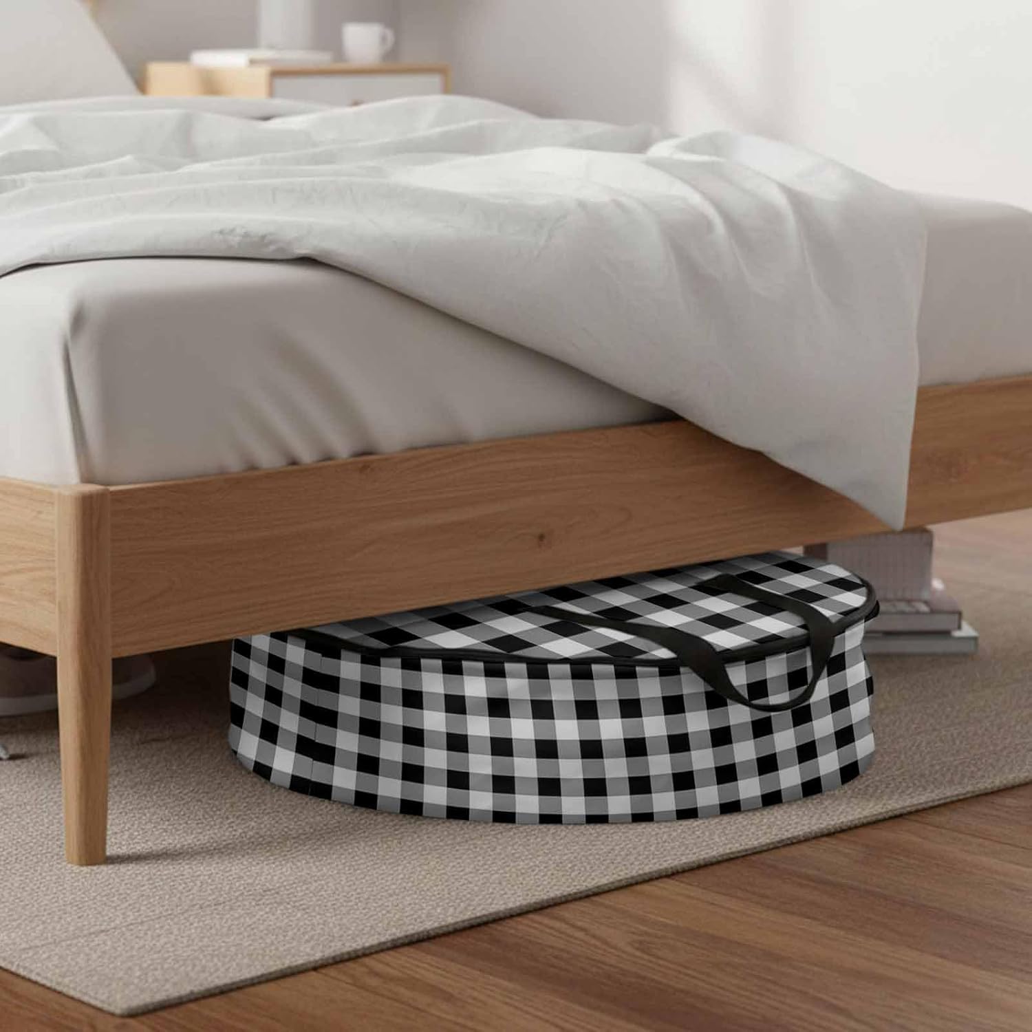 Black White Round Storage Bag 36 Inch, Buffalo Plaid Clothes Storage Container with Handles Heavy Duty Organizer for Comforter, Bedding & Holiday Wreaths