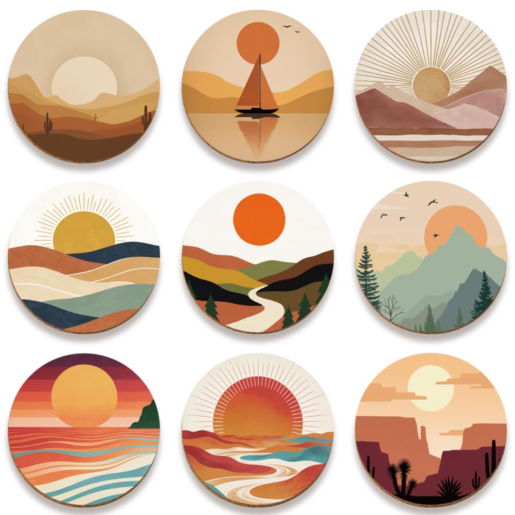 SUPERDANT 9 Pcs Boho Mountain Wooden Coasters Sun Wood Coaster Set Non Slip Easy Clean Coffee Table Accessories Housewarming Gift for Kitchen Dining Room 10x10cm — image 1