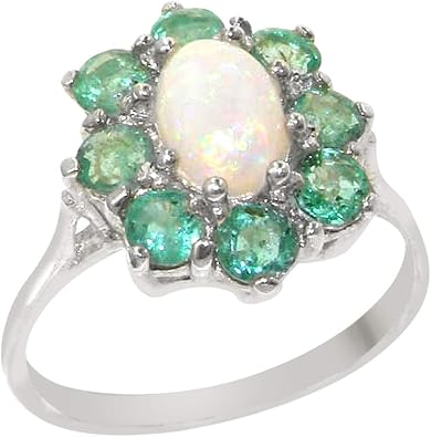 925 Sterling Silver Real Genuine Opal and Emerald Womens Band Ring