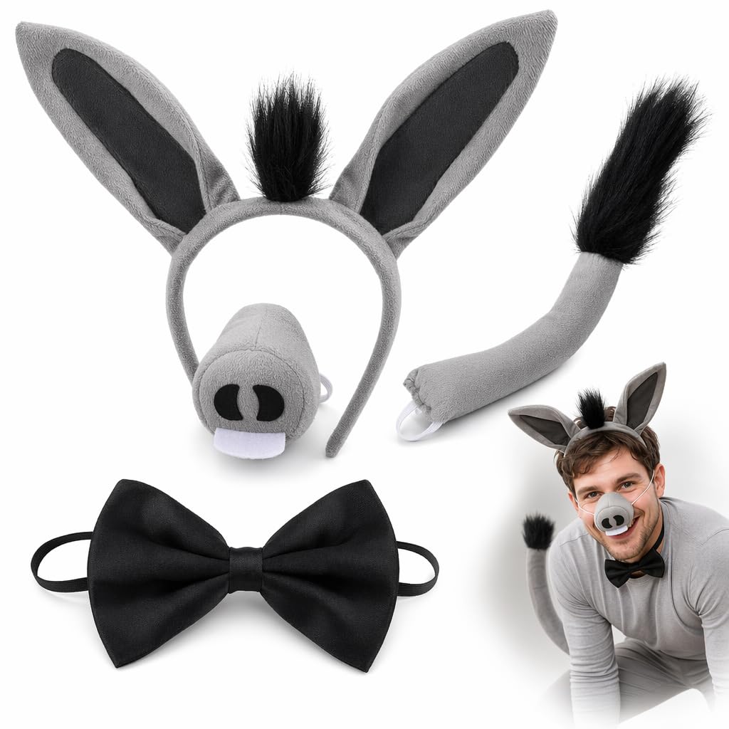 Kuwuarg Donkey Costume Set, Ears Headband Nose Bow Tie Tail