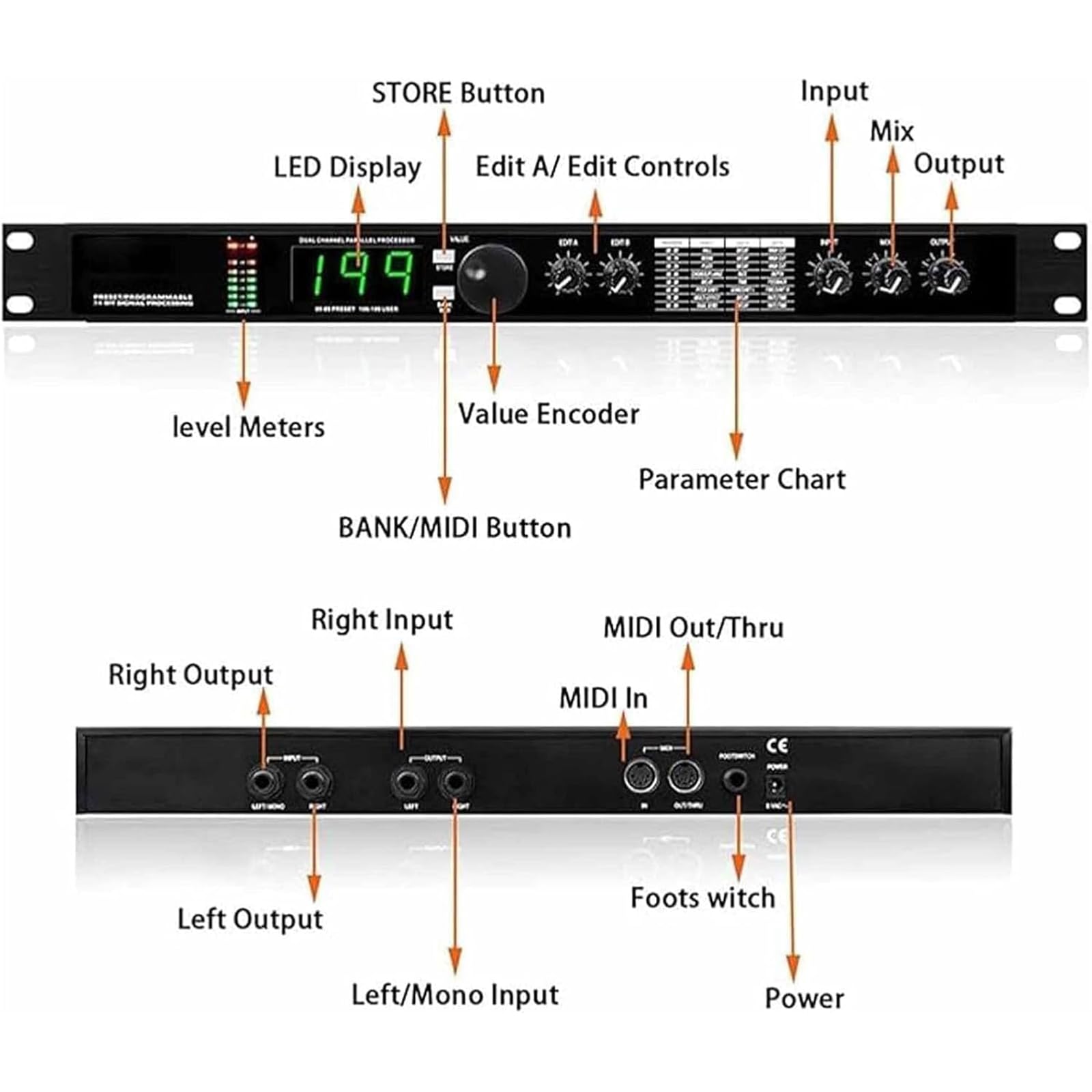 Processore Effetti Audio, Digital Reverb Multi Effect DSP, 199 programmi preimpostati, MIDI I/O, Anti-Feedback Karaoke Sound Processor