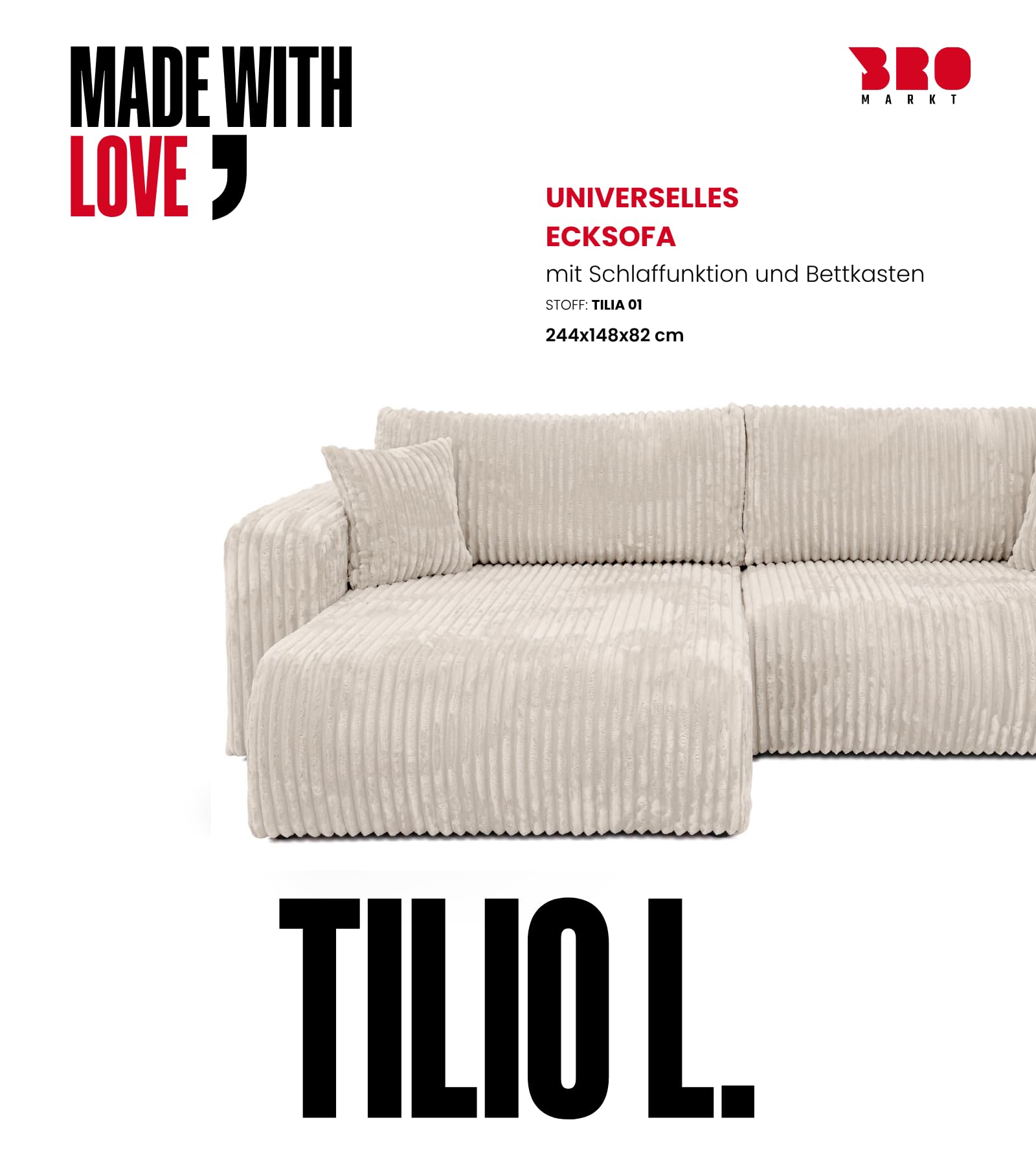BROMARKT Ecksofa mit Schlaffunktion und Bettkasten 125x200cm L Crème | Schlafsofa mit Stauraum und Kissen Eckcouch Sofa für Wohnzimmer Wohnlandschaft 3 Sitzer Universell freistehend Couch TILIO