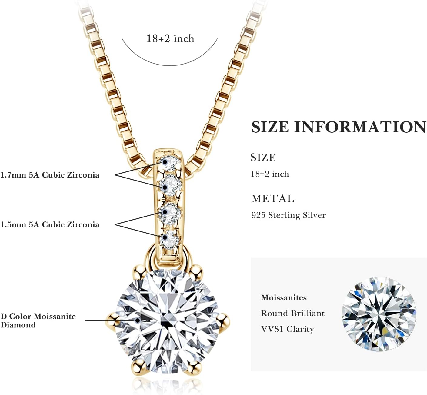 1-2 CT Moissanite Necklace for Women, Solitaire Lab Imitation Diamond Pendant, 18K White Gold Plated D Color Round Cut 925 Sterling Silver Necklace, GRA Certified, 18+2 inch Box Chain - Image 6