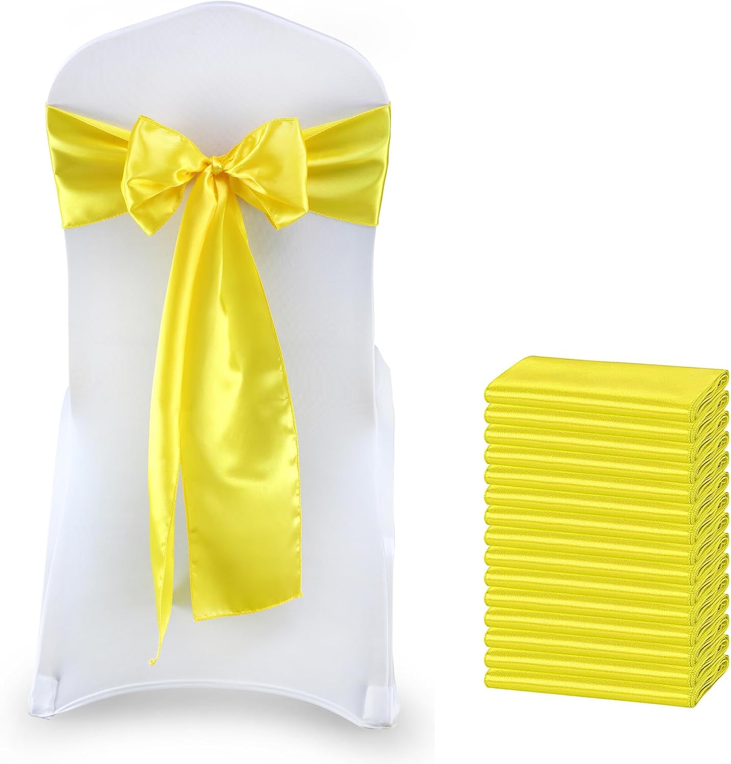 MDS Satin Chair Sashes, 50 Pack, 7”x108” Each, Decorative Chair Bows Ribbon Tie Backs for Wedding Party, Holiday Dinner, Birthday, Reception, Banquet, Hotel & Event Decoration - Yellow