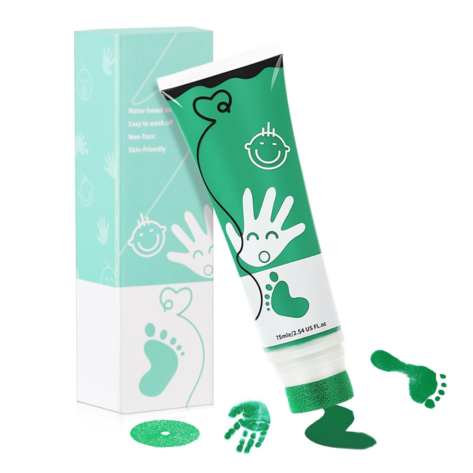 Baby Hand and Footprint Kit Baby Safe Paint for Handprints Non Toxic & Acid-Free, with Sponge Attachment for Easy Colour Application, Dog Paw Print Kit Easy to Clean 75ml/Tube (Green)
