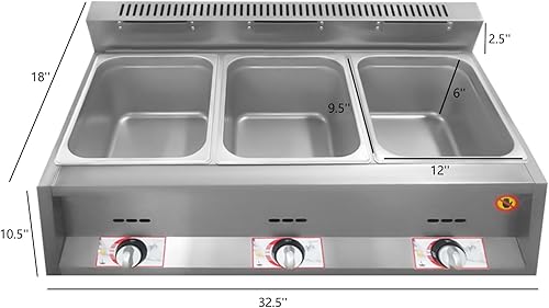 Miniatura 4 de Calentador de alimentos de triple servidor, 3 sartenes, 600 onzas líquidas, comercial a gas, Bain Marie, buffet, encimera, calentador de alimentos,