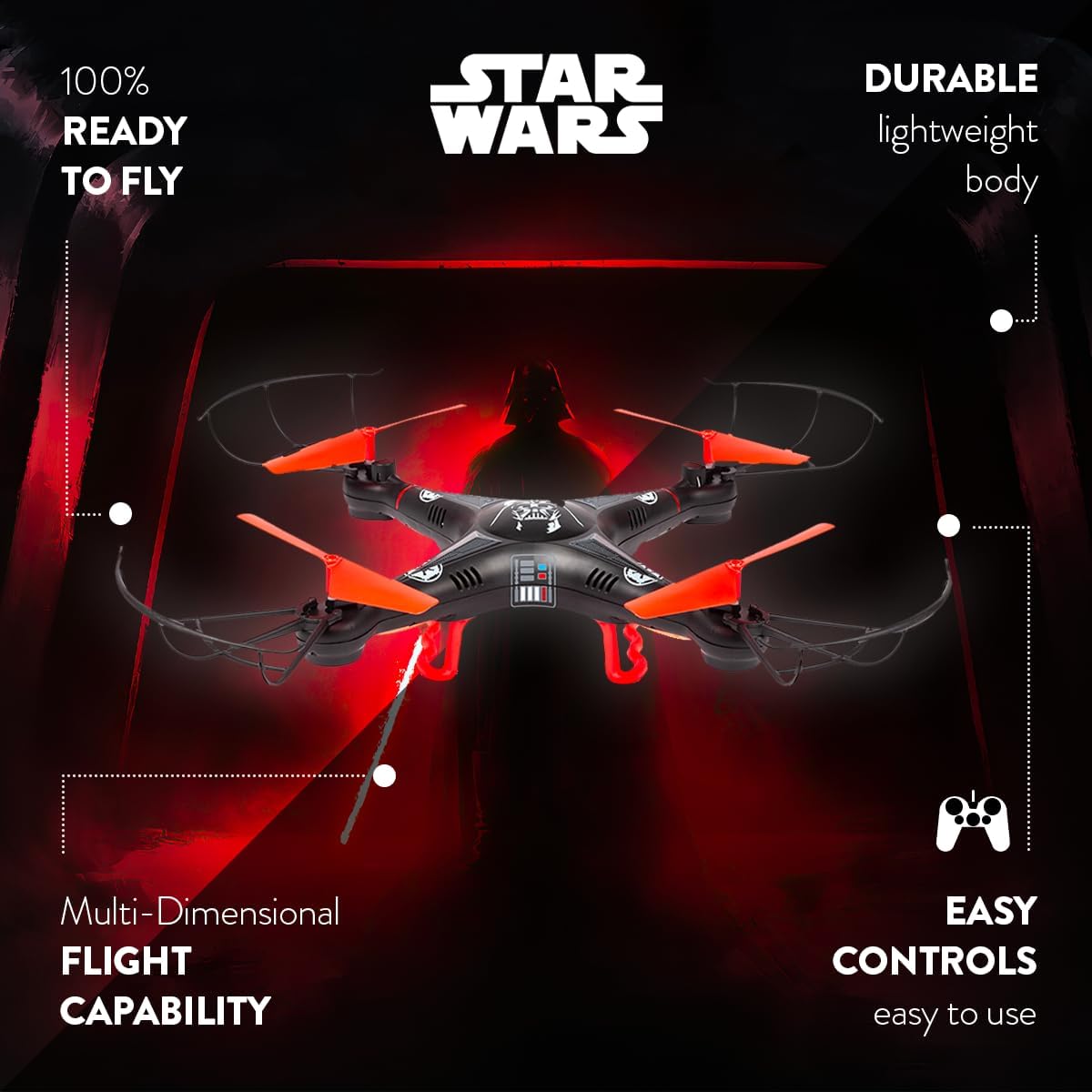 Star Wars Darth Vader RC Quadcopter Drone - 2.4GHz 4.5CH Remote Control Flying Drone with Flip Stunt Modes, Speed Control, Built-In Gyro, USB Charging - Kids 6+