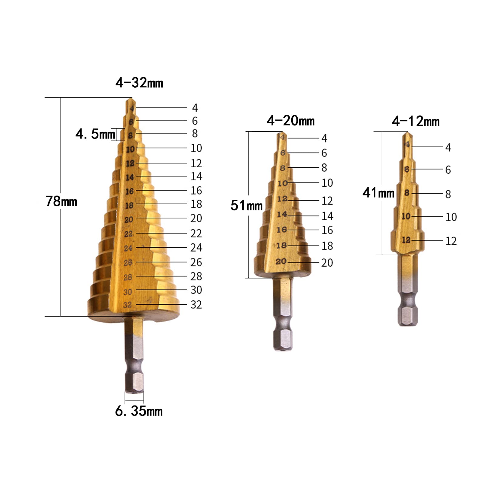 Stufenkegelbohrer Set HSS Titanbeschichtet – 3 Größen (4-32 Mm), Dreieck/Sechskantschaft