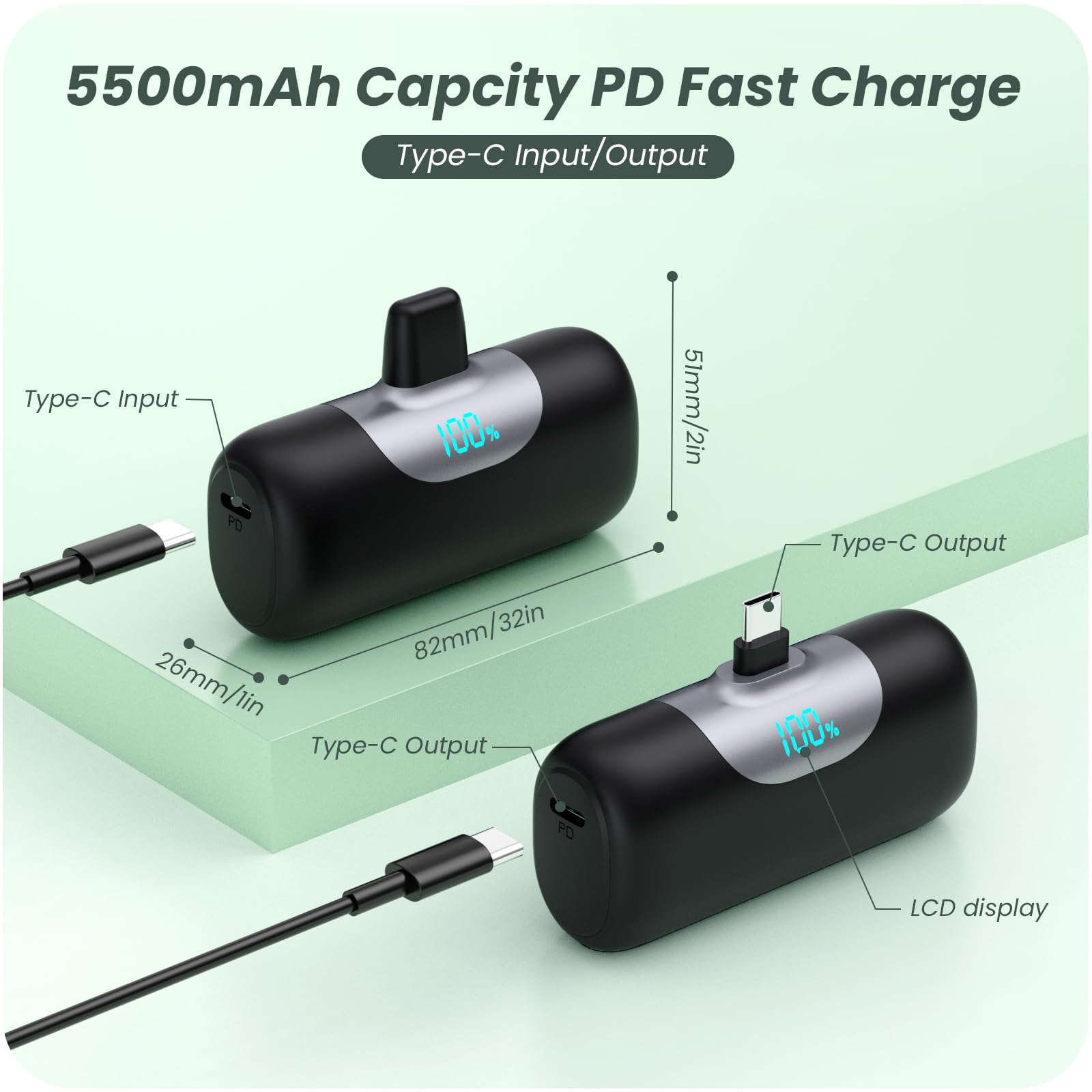 [Paquete de 2] Cargador portátil de 5500 mAh para iPhone 17/16, pantalla LCD USB C Mini Power Bank, PD de carga rápida tamaño lápiz labial paquete de batería para iPhone 17/16/15 Pro Max, Samsung