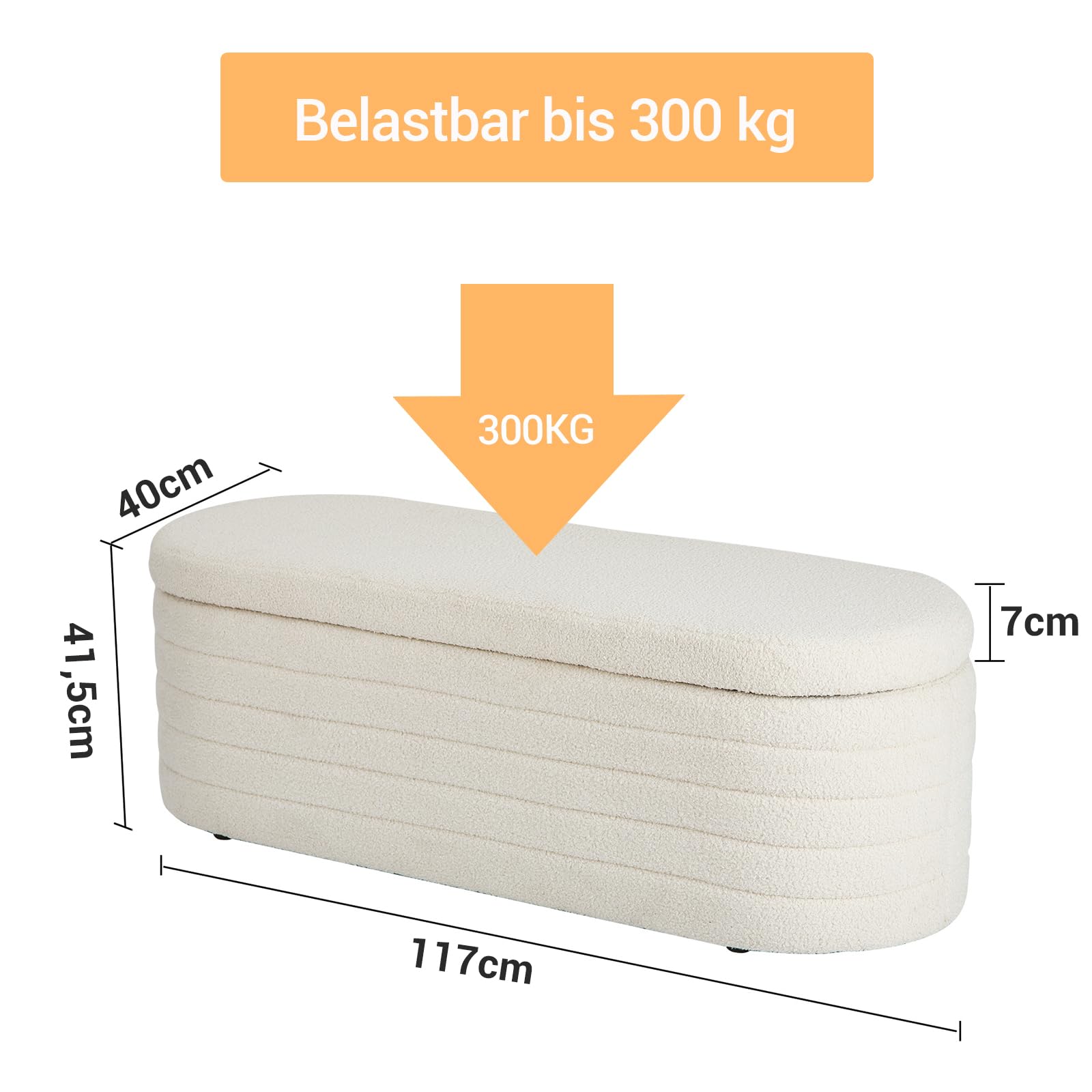 Teddy Sitzbank mit Stauraum, Polsterbank 117 x 41,5 x 40 cm | Mit Scharnierdeckel, 300 kg Belastbarkeit – als Bettbank, Sitzmöbel oder Sitztruhe für Wohnzimmer, Schlafzimmer und Flur.