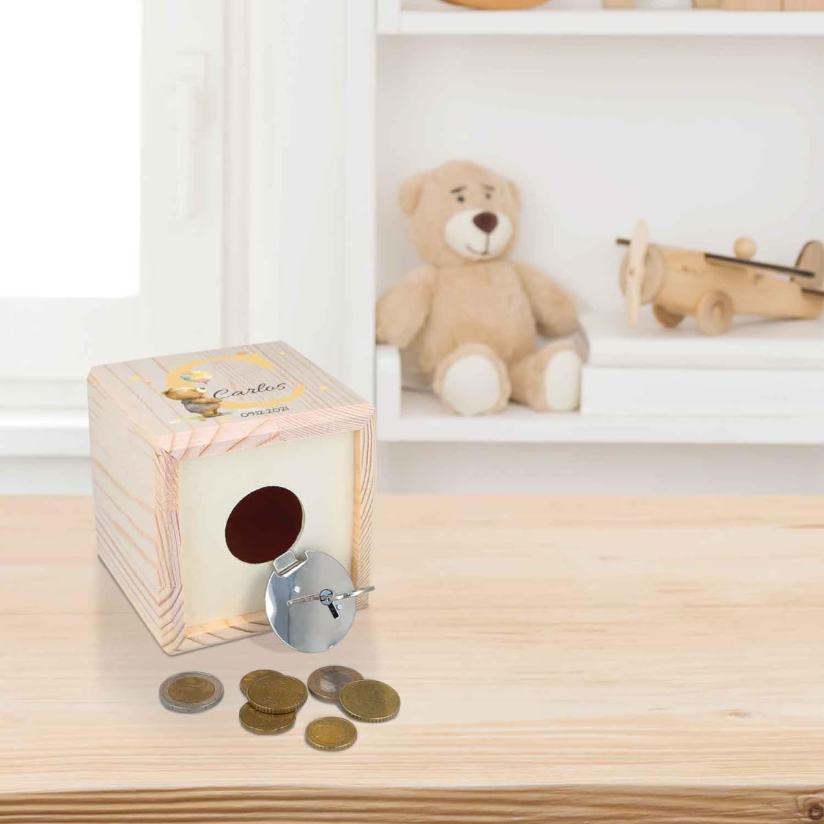 Salvadanaio In Legno Personalizzato, Con Iniziale Del Nome In Acrilico Trasparent