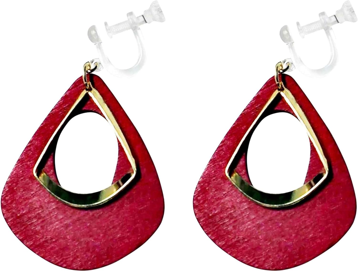 Dangle Red Wood Black Invisible Screw-Back Clip On Earrings for Women, Comfortable Green Gold Hoop Transparent Non Pierced Plastic Clip-On Earrings