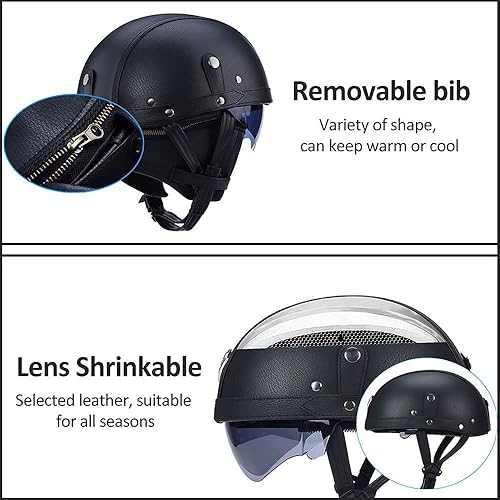 Miniatura 4 de Casco de cuero de media cara estilo retro para motocicleta alemana, aprobado por DOT, casco de media carcasa con gafas y visera oculta (21.7-24.4
