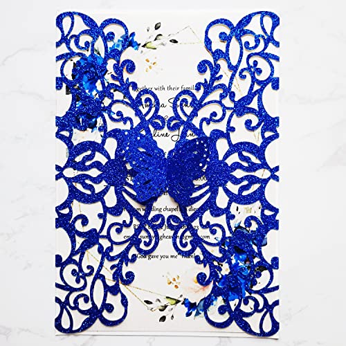 Carte invitation mariage papillon bleu roi finie au laser pour annonce sans pliure