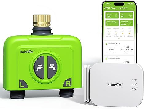 مؤقت مياه واي فاي Rainpoint لخرطوم الحديقة، وحدة تحكم رشاشات واي فاي بمنطقتين، صمام مؤقت خرطوم ذكي، نظام ري بالتنقيط التلقائي/تأخير المطر للحديقة (مدخل نحاسي، اتصال واي فاي وإيثرنت)