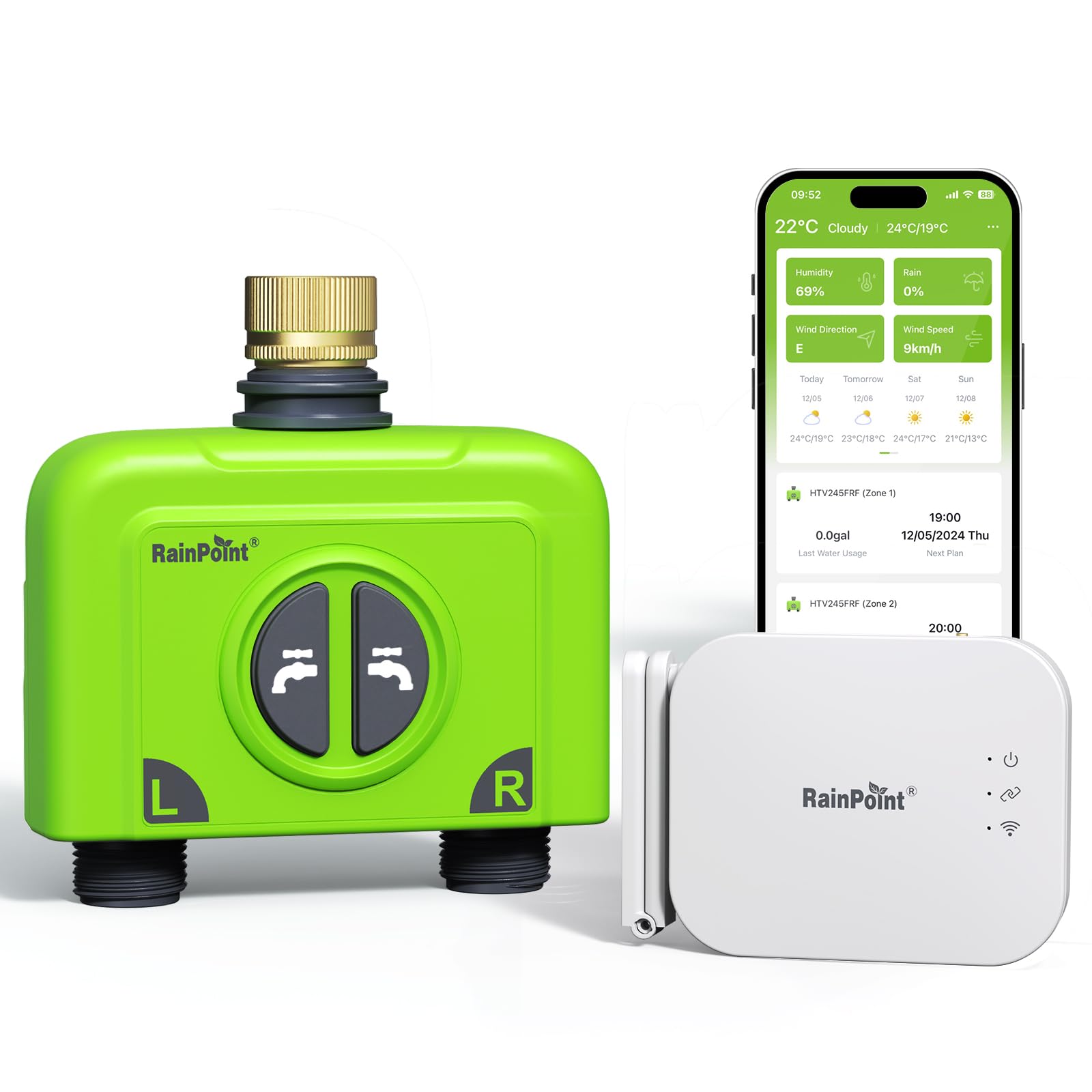 RAINPOINT Bewässerungscomputer WLAN 2 Ausgänge mit Antennen-Gateway und Messingeinlass Smart Bewässerungssteuerung mit APP/Sprachsteuerung IP65 Garten Automatische Bewässerungssystem, 2x6 Zeitplänen