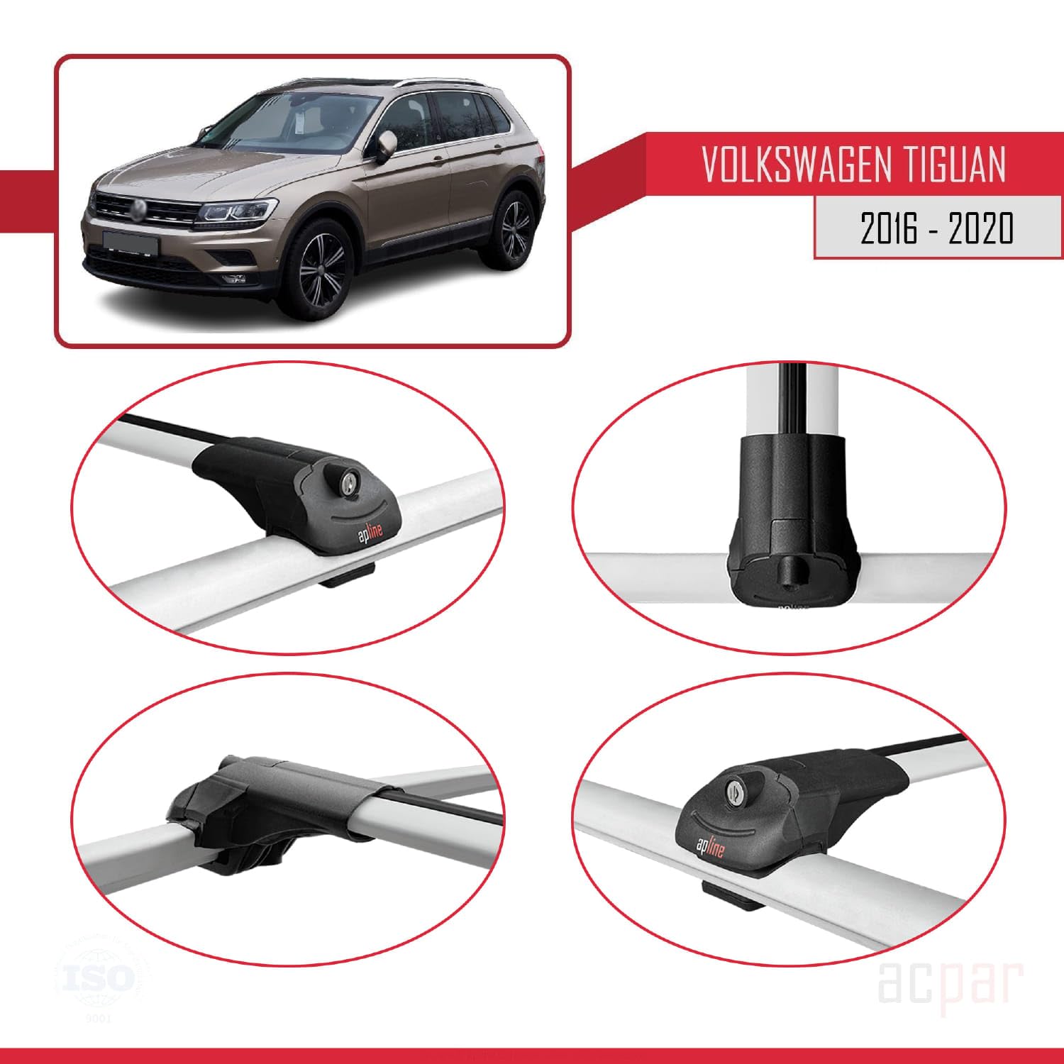 Compatibile con Volkswagen Tiguan 2 (AD) Pre-Facelift 2016-2020 Modello ACE-1 Barre Tetto Portapacchi Auto Barre Portatutto Grigio Alluminio 2 Barre