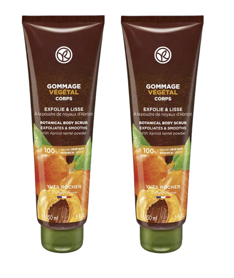 Yves Rocher Body Renewal Scrub with Apricot Kernel Powder Exfoliating Cream for Smooth - 150 ml./5 fl.oz. Set of 2 Best Gift Kit