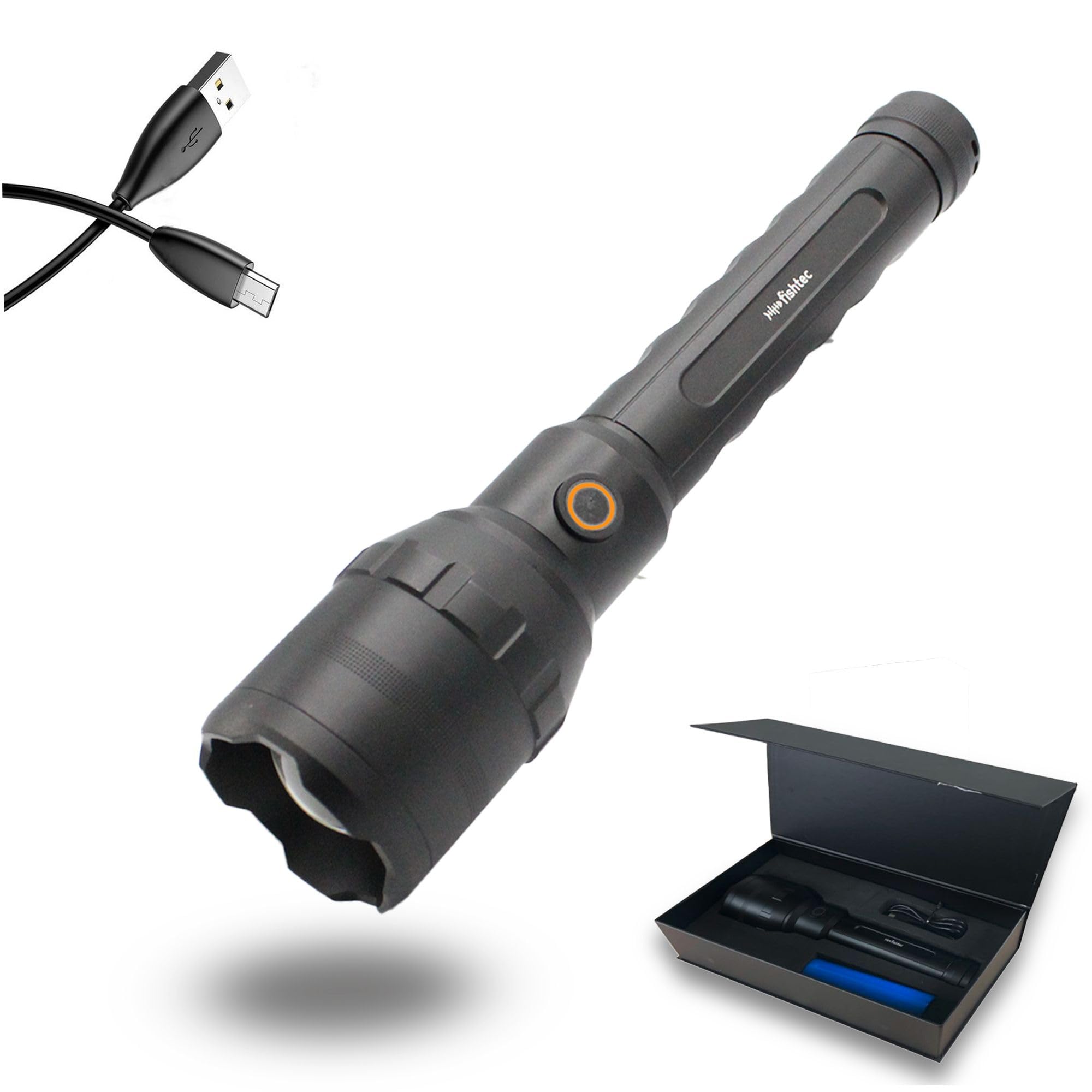 Fishtec - Torche Ultra Power 10000 Lumens - LED COB Faisceau 300 m Aluminium 27x6 cm Batterie Rechargeable 4000 mAh 4 Modes Zoom Power Bank - Camping Randonnée Nuit