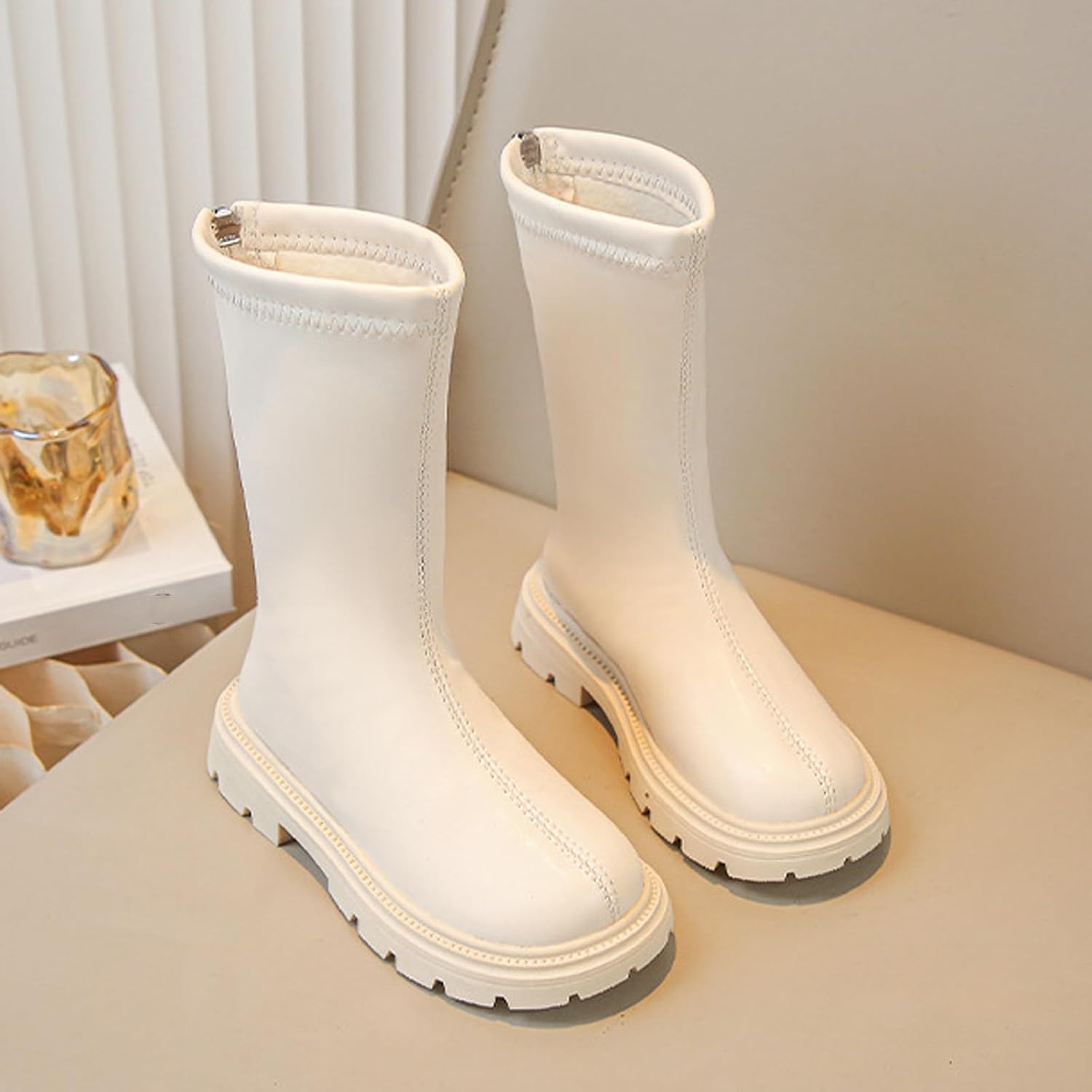 Girls Mid Calf Riding Boots PU Leather Fuzzy Lining Warm Boot Round Toe Comfy High Shoes for Youth Big Kids