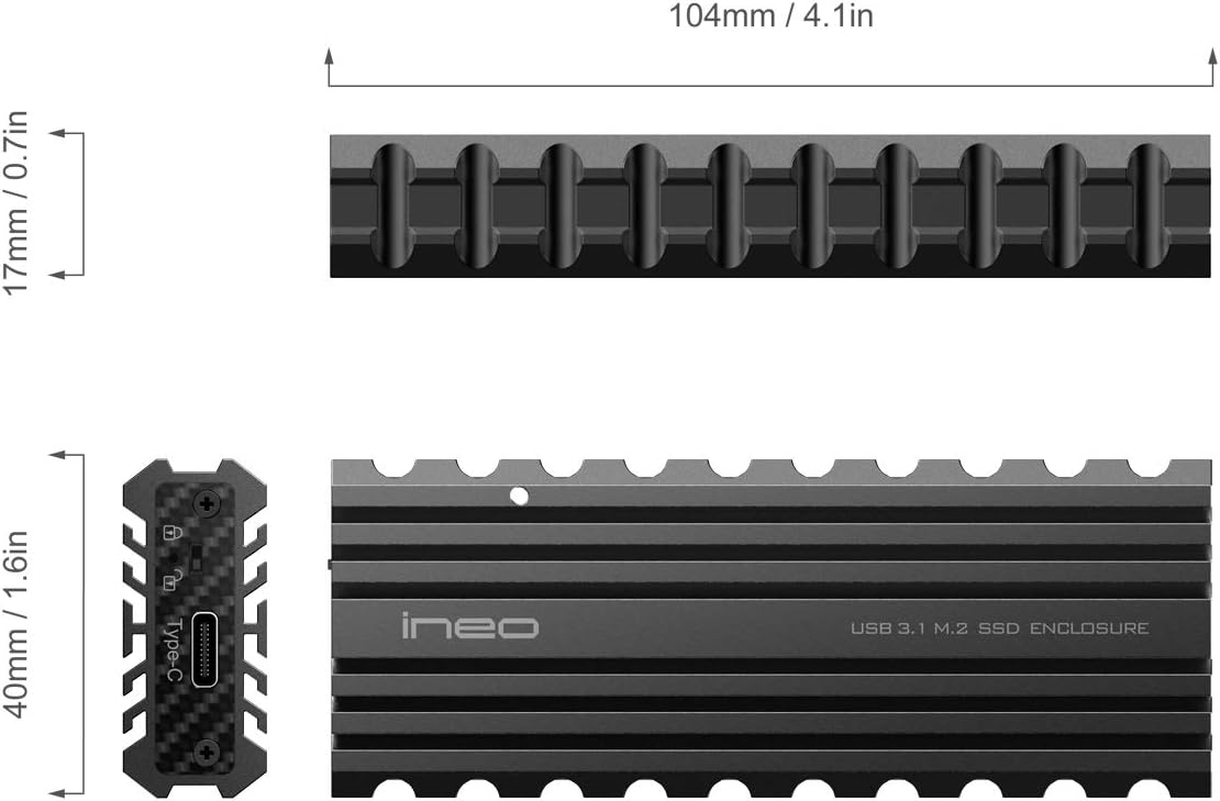 Ineo M.2 NVMe (PCIe) SSD USB10Gbps Type-C Rugged Militarized Enclosure with a Solid Metal Case and Built-in Write Protection Switch (Picatinny Rail Style) [C2597-NVMe]