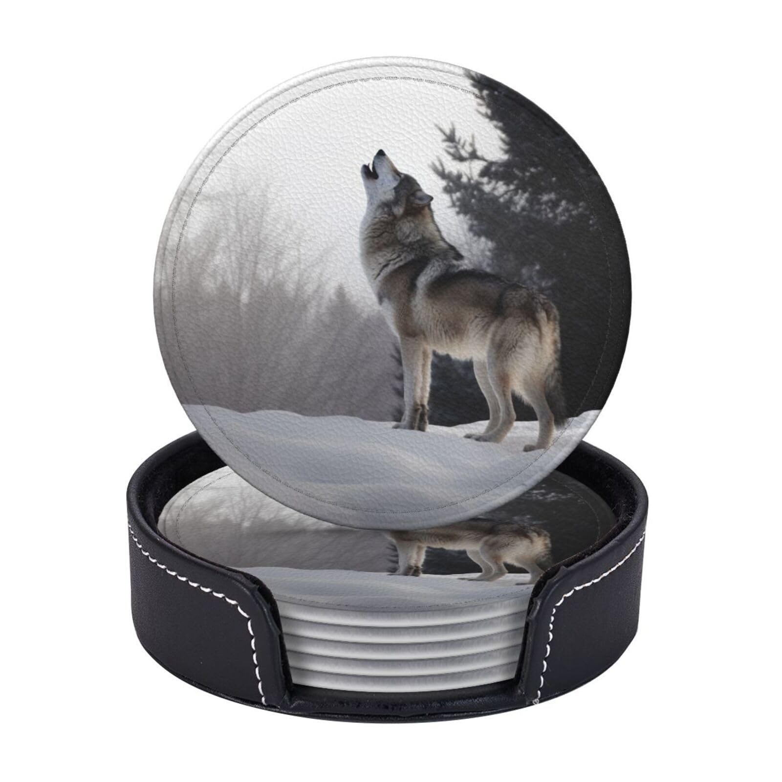Round Coasters for Drinks Set of 6 - PU Leather Coasters with Holder - Modern Drink Coasters for Coffee Table - Howling Wolf Coaster for Tabletop Protection 4" Cup Mat Pad