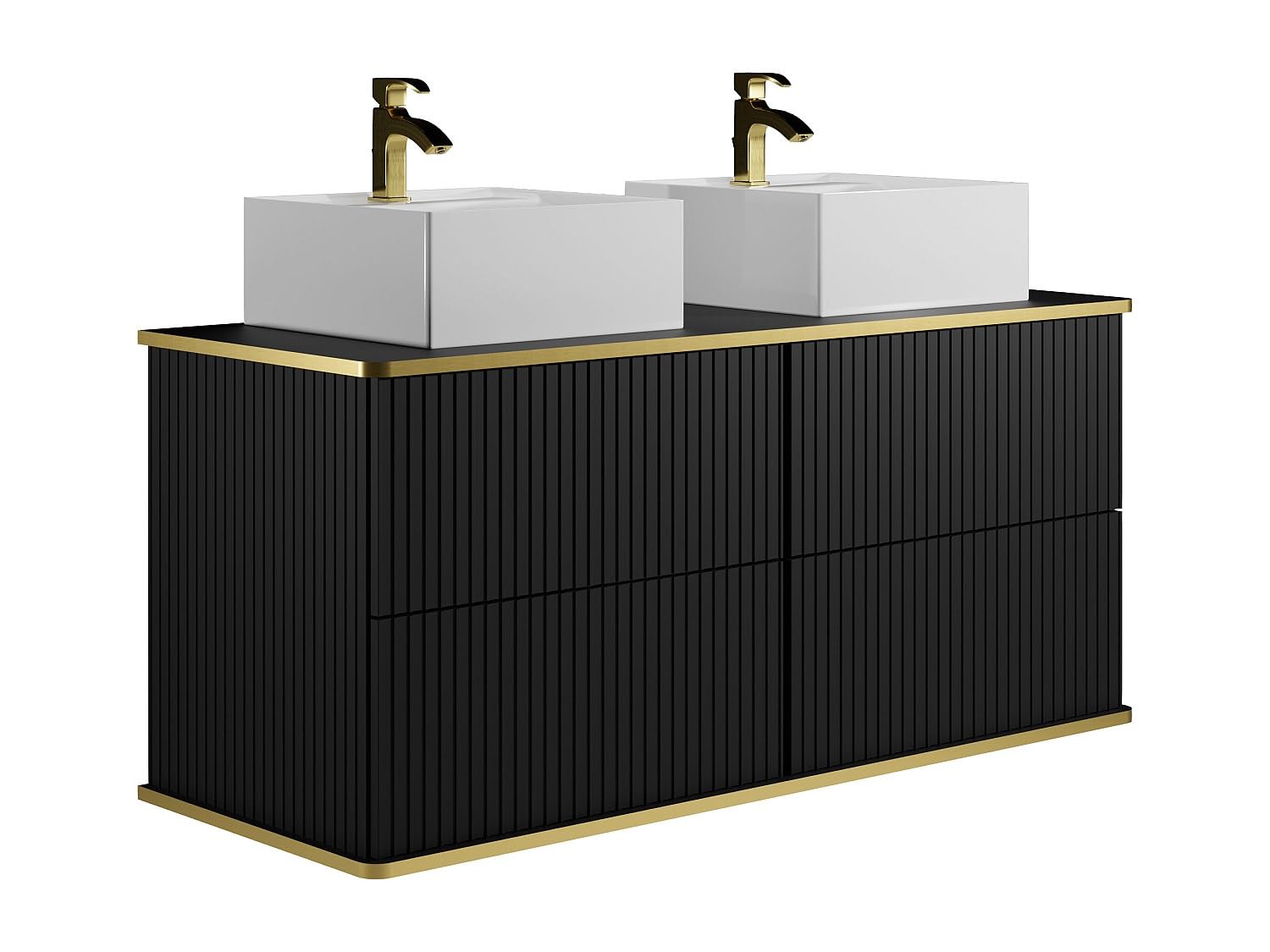 Vente-unique - Meuble de Salle de Bain Suspendu strié liseré doré avec Double Vasque à Poser carrée - Noir - 120 cm - KELIZA