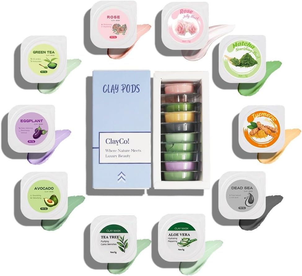 ClayCo! 10 Pieces Clay Mask Set for Men Women Face Skin Care Clay Mask Set (Pink, Rose Jelly, Matcha, Turmeric)