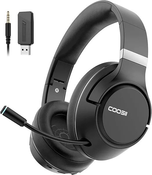 COOSII Wireless Bluetooth Headsets with Microphone for Computer, Headphone Foldable Over Ear Soft 40H with Retractable Mic, USB Dongle for PS5 PS4 PC Cellphone Laptop