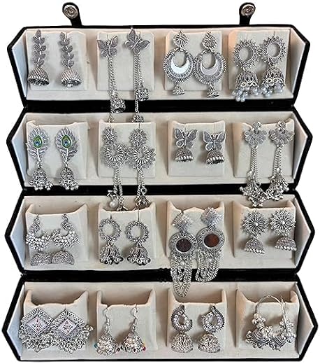 Oxidised Silver Jhumki Earrings Gift Hamper | Set of 16 Traditional Jhumkas with Folder-Style Jewellery Organizer | Ethnic...