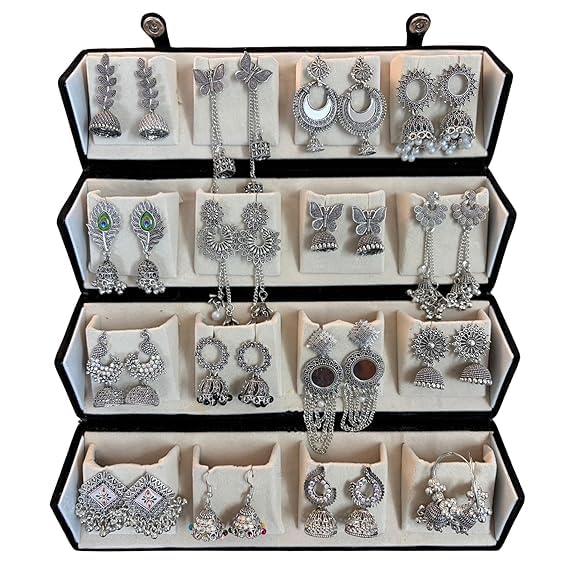Oxidised Silver Jhumki Earrings Gift Hamper | Set of 16 Traditional Jhumkas with Folder-Style Jewellery Organizer | Ethnic Earrings Combo for Women & Girls | Perfect for Festive & Wedding Gifting